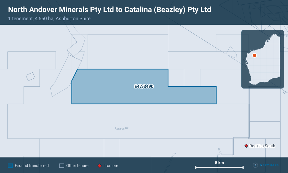 North Andover Minerals Pty Ltd to Catalina (Beazley) Pty Ltd: · 1 tenement, 4,650 ha, Ashburton Shire