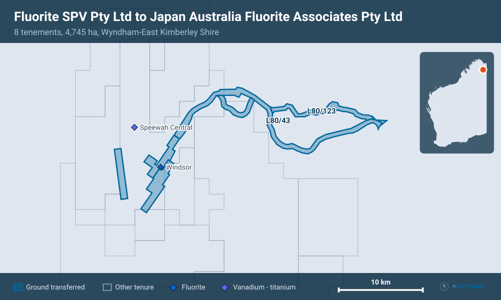 Fluorite SPV Pty Ltd to Japan Australia Fluorite Associates Pty Ltd: 8 tenements, 4,745 ha, Wyndham-East Kimberley Shire