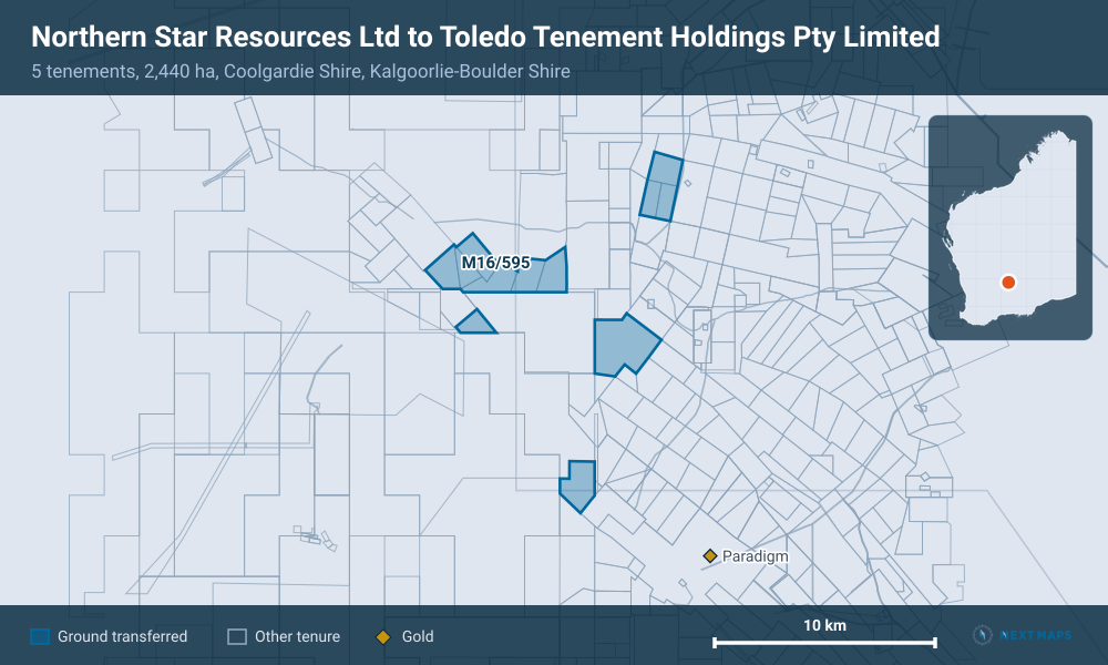 Northern Star Resources Ltd to Toledo Tenement Holdings Pty Limited: 5 tenements, 2,440 ha, Coolgardie Shire, Kalgoorlie-Boulder Shire