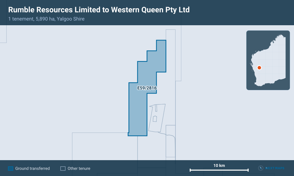 Rumble Resources Limited to Western Queen Pty Ltd: 1 tenement, 5,890 ha, Yalgoo Shire
