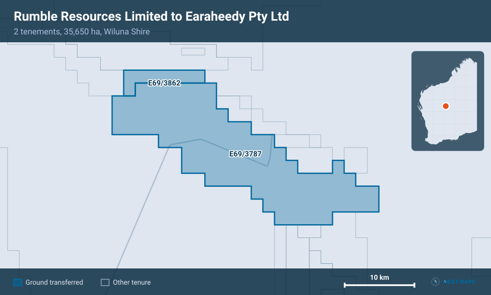 Rumble Resources Limited to Earaheedy Pty Ltd: · 2 tenements, 35,650 ha, Wiluna Shire