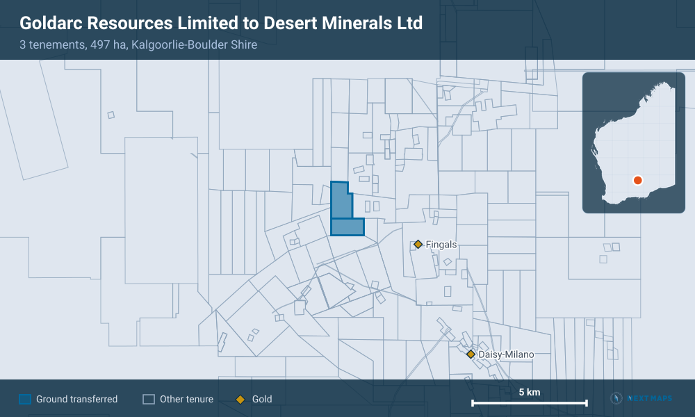 Goldarc Resources Limited to Desert Minerals Ltd: · 3 tenements, 497 ha, Kalgoorlie-Boulder Shire