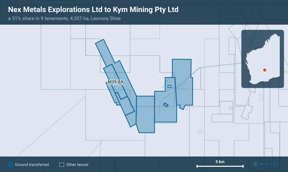 Nex Metals Explorations Ltd to Kym Mining Pty Ltd: · a 51% share in 9 tenements, 4,357 ha, Leonora Shire