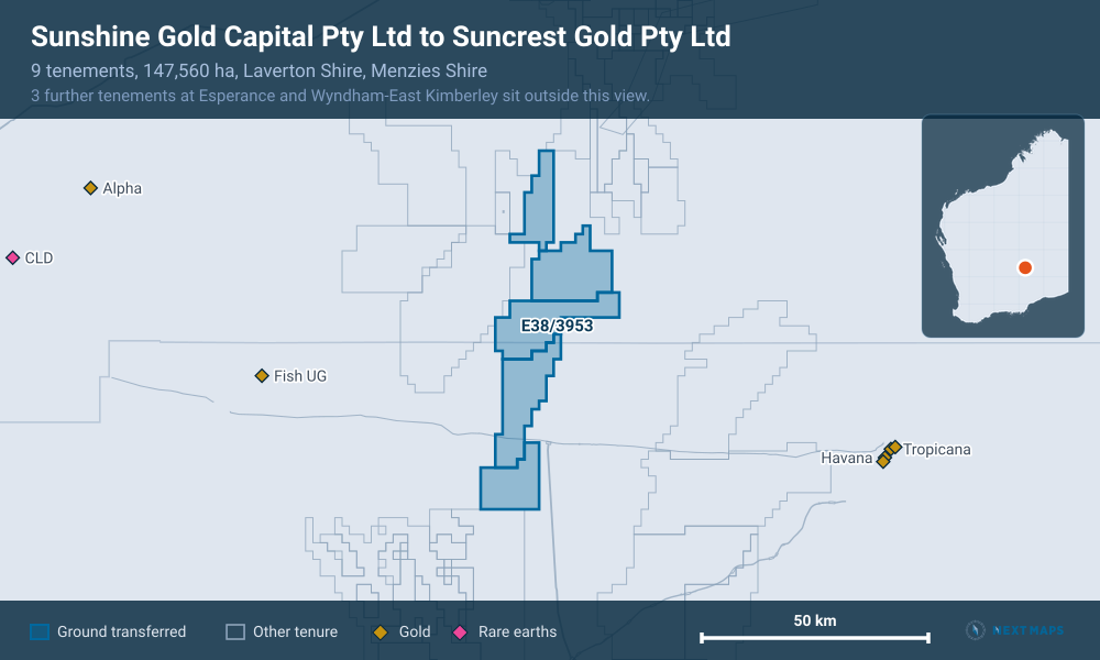 Sunshine Gold Capital Pty Ltd to Suncrest Gold Pty Ltd: · 9 tenements, 147,560 ha, Laverton Shire, Menzies Shire · 3 further tenements at Esperance and Wyndham-East Kimberley sit outside this view.