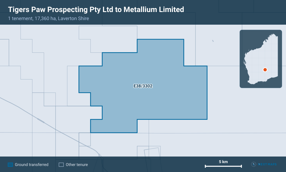 Tigers Paw Prospecting Pty Ltd to Metallium Limited: · 1 tenement, 17,360 ha, Laverton Shire