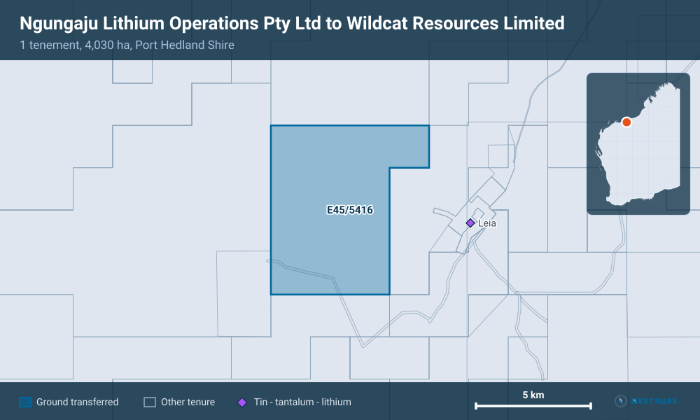 Ngungaju Lithium Operations Pty Ltd to Wildcat Resources Limited: · 1 tenement, 4,030 ha, Port Hedland Shire